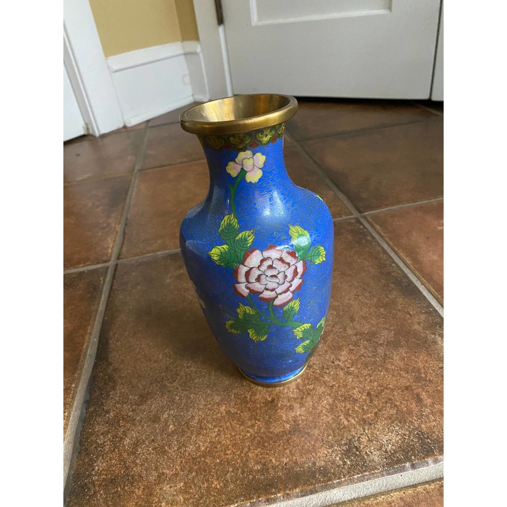 Blue Antique Vintage Japanese Hand Painted Floral Vase - Picture 4 of 7